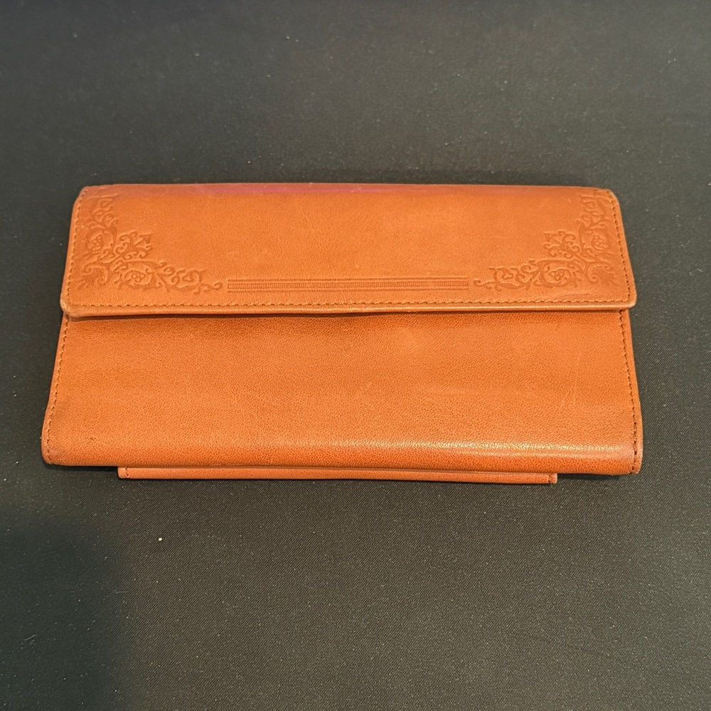 Vintage Genuine Leather Light Brown Long Wallet Embossed Flowers